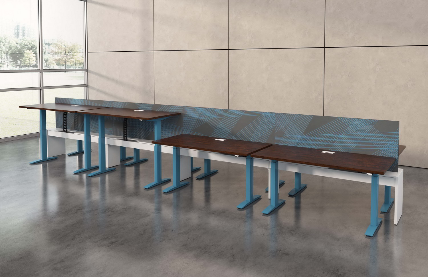 Contract furniture rendering of 4 height adjustable desks with fixed graphic dividers.