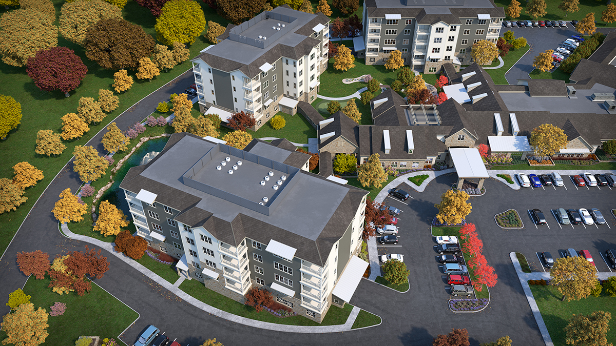 3D architectural rendering of the broader residential community.