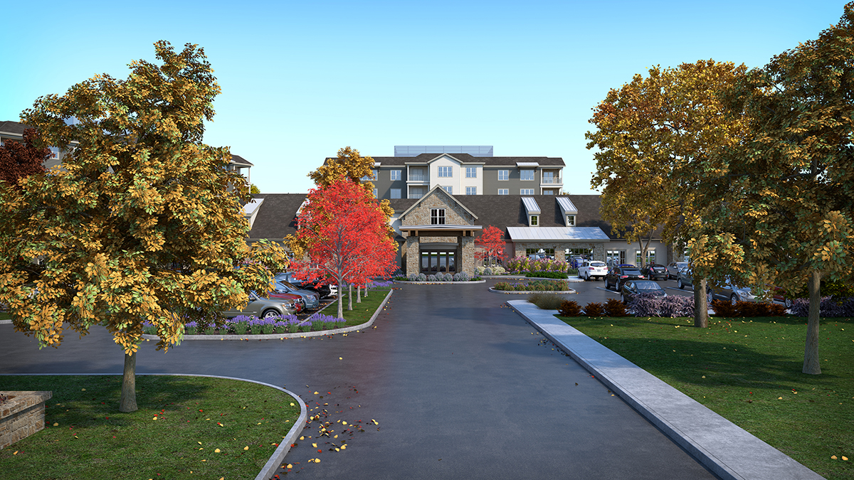 3D architectural rendering of the main entry for the campus, visualized with fall trees. Rendering by Trinity Animation.