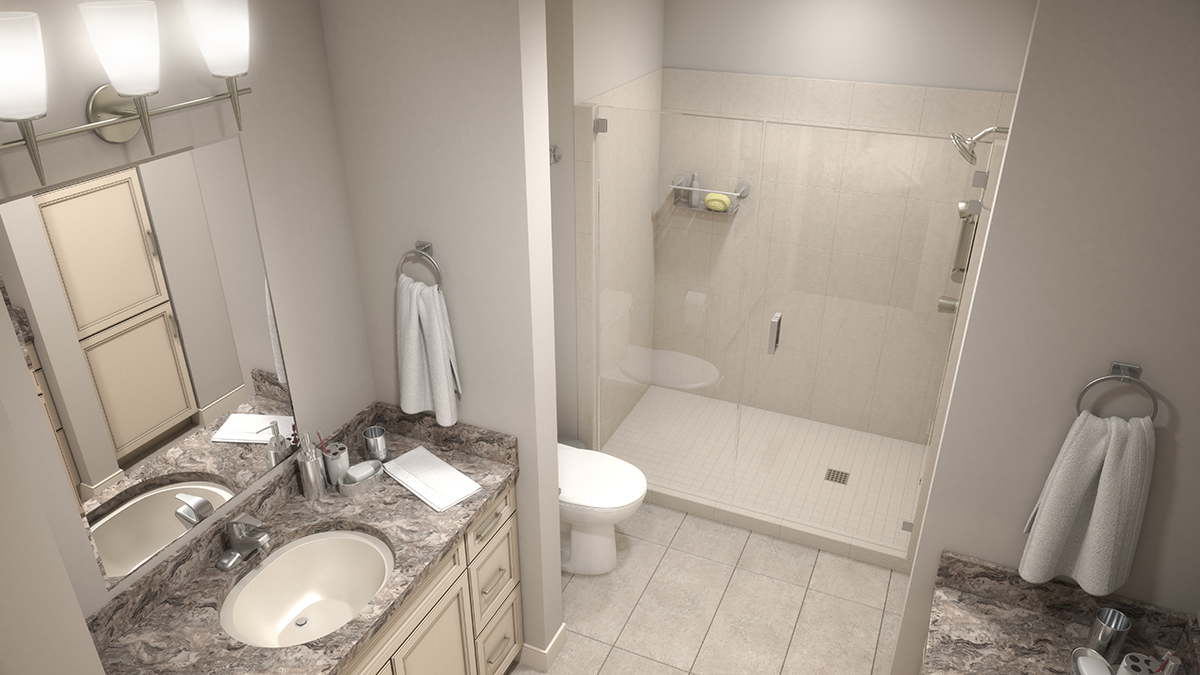 Top down 3D architectural rendering of a bathroom, with props to give it a lived-in appearance. Rendering by Trinity Animation.
