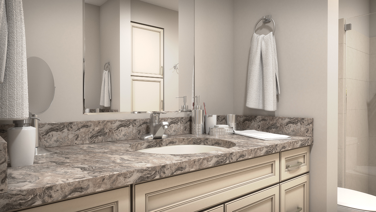 A low angle 3D architectural rendering of the bathroom to feature the cabinetry design. Rendering by Trinity Animation.