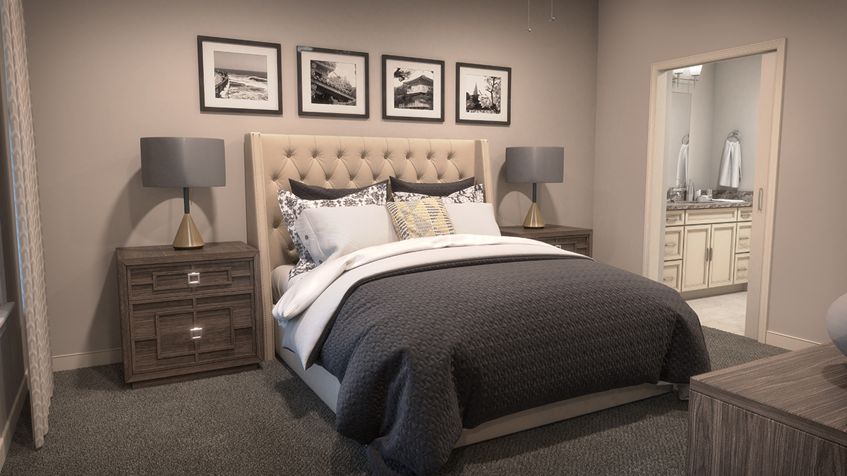 A bedroom 3D architectural rendering, with bed, art and other interior props. Rendering by Trinity Animation.