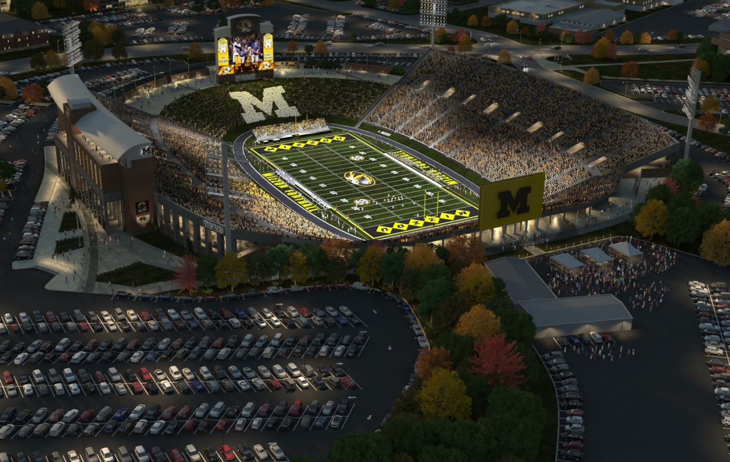 One of a set of 3D stadium renderings that show the crowds of attendees entering the stadium.