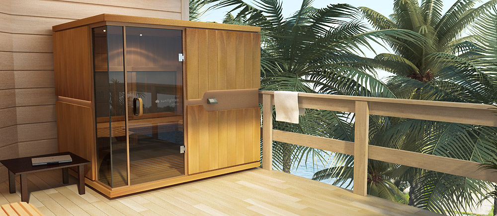 Luxury sauna product visualization in a 3D environment - a deck at treetop height.