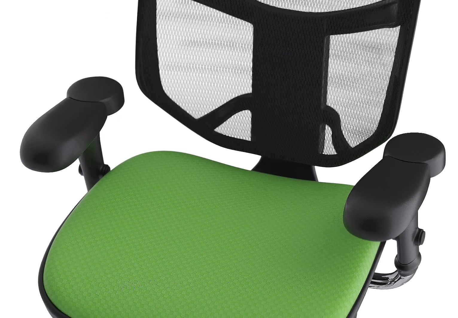 This image from Trinity's furniture animation displays the 3D rendered office chair that Trinity animators remodeled using 3D software for this instructional animation. This medium shot displays the seat, armrest, and part of the backrest all rendered with hyper realistic textures on a simple white background.