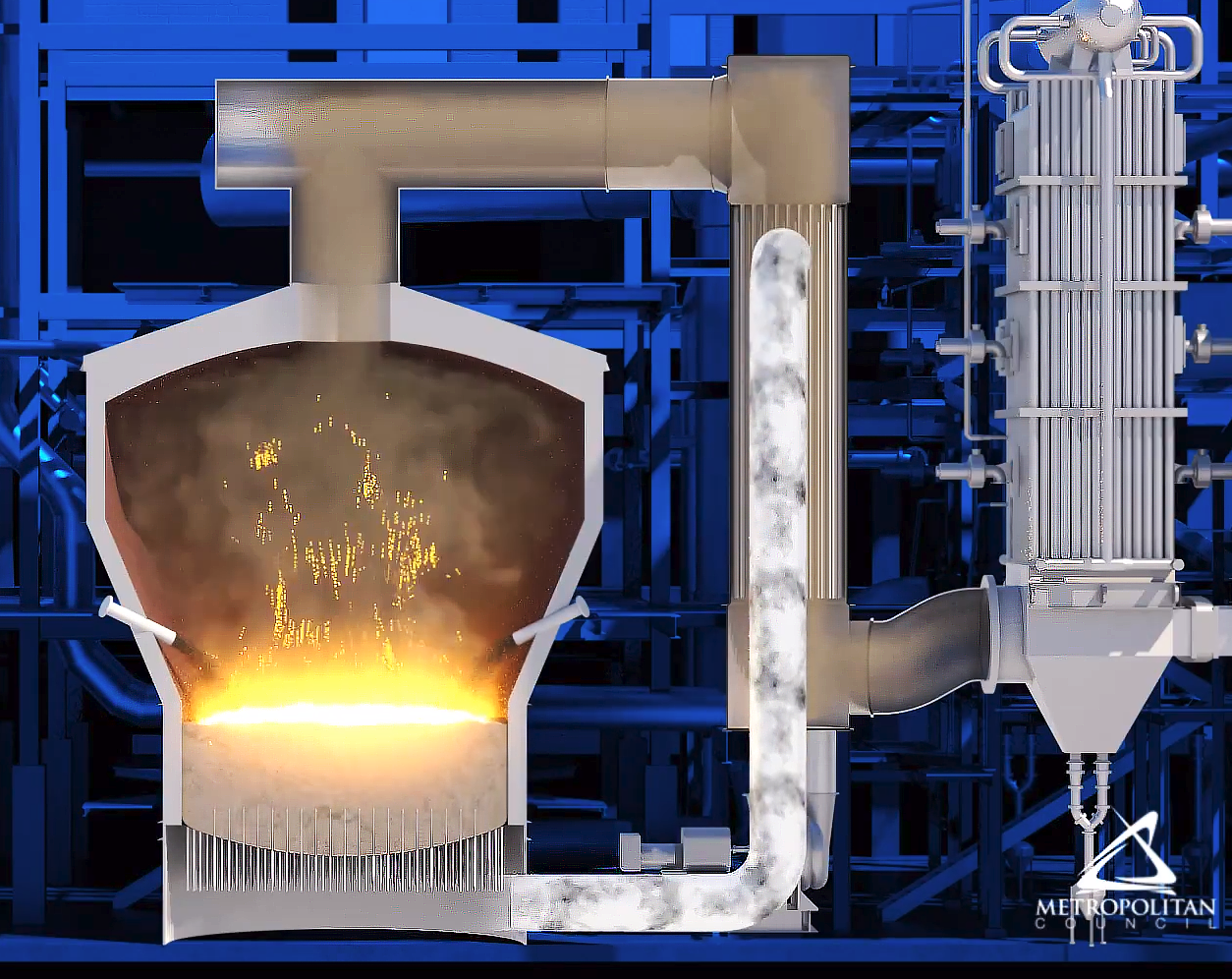 This is a 3D rendered image of the explainer video close up cross-section view of the fluid incinerator displays everything that is occurring inside of the machine. This particular image displays the fire simulated by trinity animators during combustion - after biosolids are fed into the incinerator. 