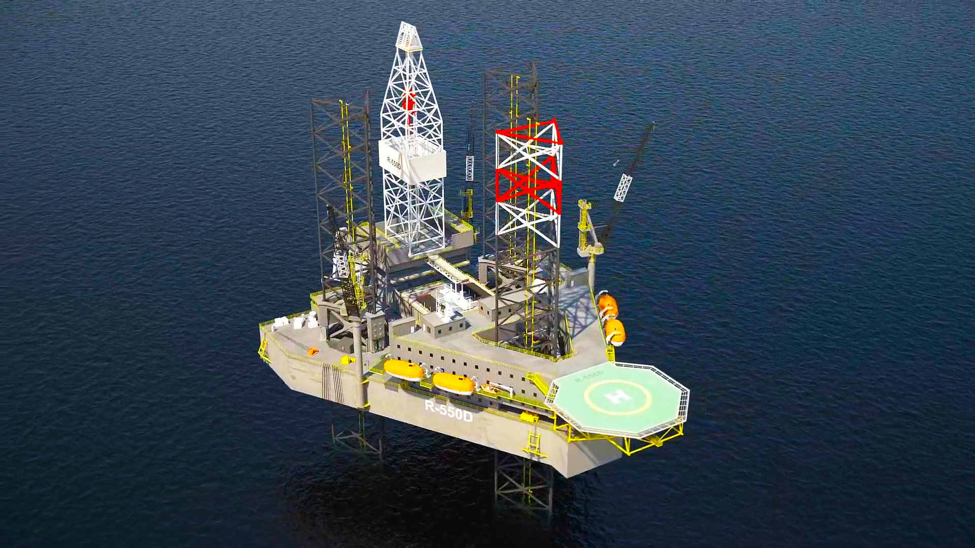 This is a 3D rendered image from Trinity's oil exploration animation - demonstrating how the Zentech Zenlock apparatus works.  This shot is an aerial view of the oil rig surrounded by ocean