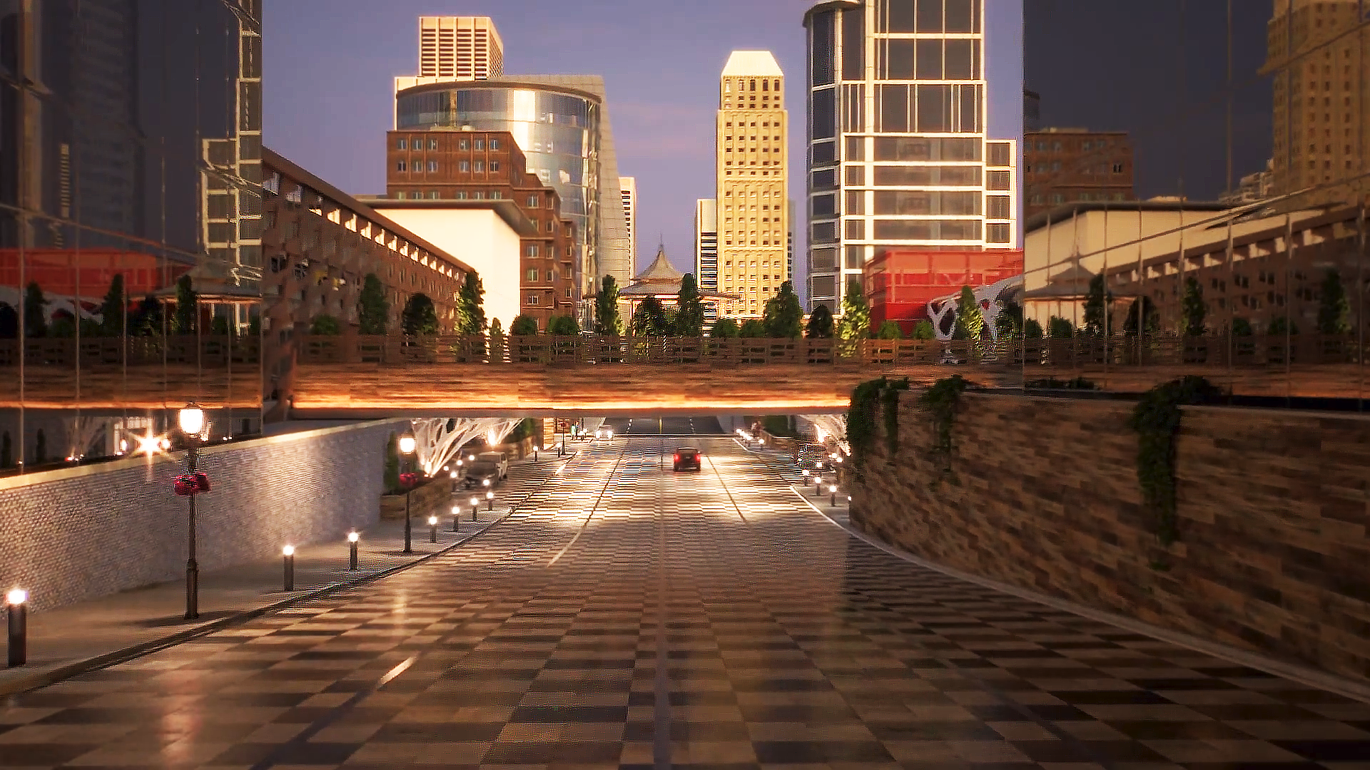 This is a 3D rendered image from Trinity's real estate renderings exhibiting the Summit Plaza Mall. The camera takes viewers on a journey through the realistic 3D modeled Summit Plaza Mall to experience the architecture at many different angles. This still image displays a beautifully rendered urban underpass which the camera eventually travels under in this scene.