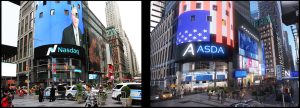 This displays 2 sperate images. The left is a photograph of a building from Time Square, and the right is the 3D modeled replica that Trinity Artist created for the city animation