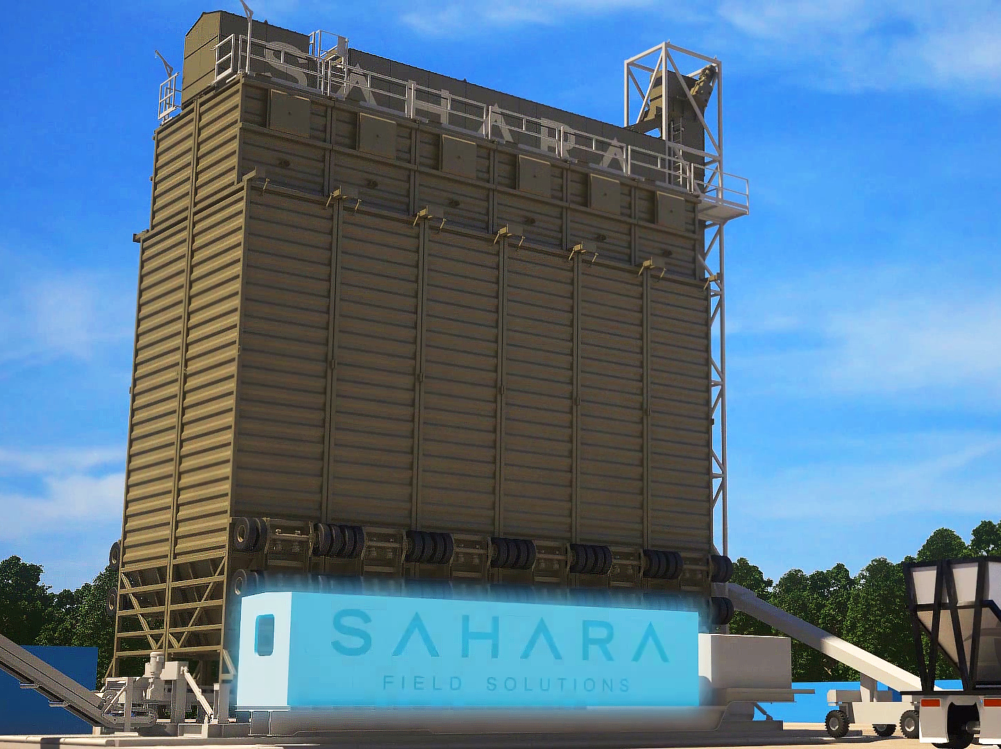 This is a still image from Trinity's engineering animation demonstrating the Sahara Unit, a proppant storage and handling system. This particular image displays the Sahara Unit from a low camera angle. Trinity artists are able to manipulate the appearance of certain materials to bring attention to the item which they are speaking of during the video such as the power unit that is glowing blue in this image.