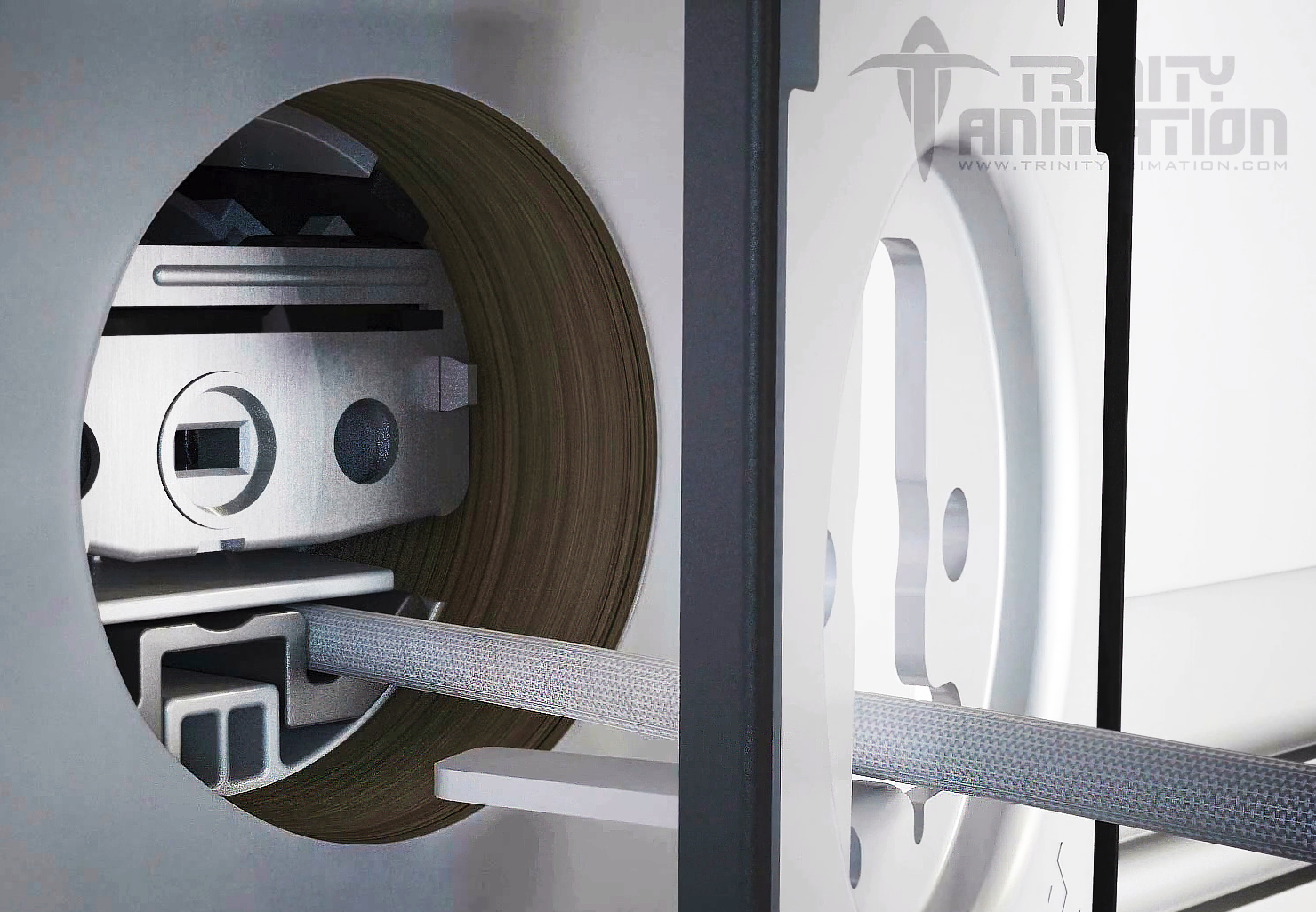 This is a 3D rendered shot from Trinity's 3D product visualization video demonstrating the installation process of the Yale Door Lock. This image displays the cable being threaded through the interior mounting piece and the interior mounting piece being inserted into the door larch where it is stabilized against the door.Trinity's 3D animations produce clear, well lit, close-up shots such as this one - allowing viewers to understand complex pieces such as the Yale Door Lock's door latch that has many different slots.