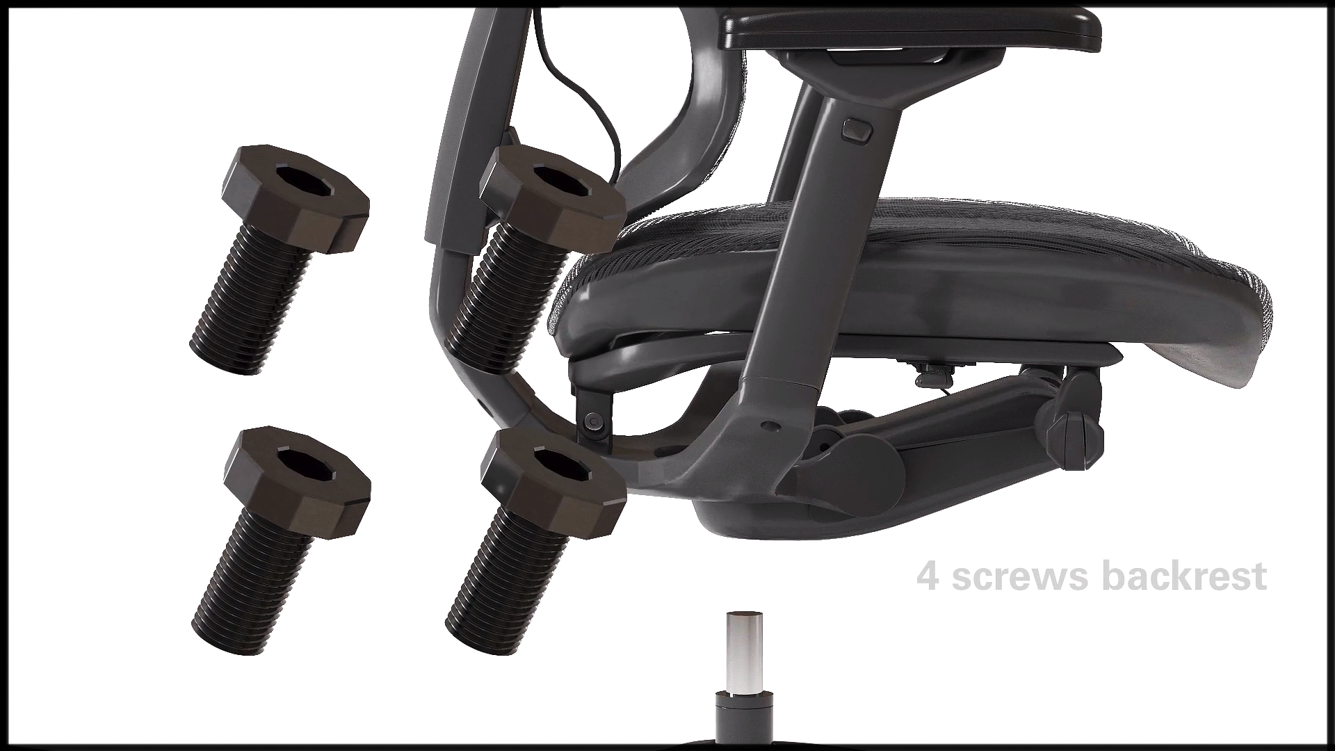 This is a 3D rendered image from Trinity's 3D product animation demonstrating the assembly and operation of the the iOO Office Chair. This shot provides imagery of the four screws which are inserted into the backrest to hold it in place. A close up shot of the screws are displayed in this still shot, while the office chair is displayed behind them. This is followed by the placement of each screw into the backrest.