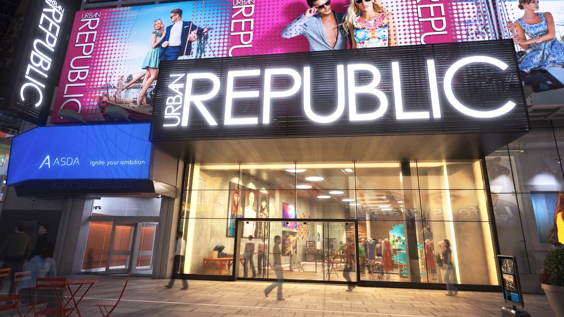 This 3D rendered image displays the entrance to the retail store, Urban Republic. The front of the store is glass, allowing the viewer to see in, and 3D modeled people are displayed walking in front of the store.