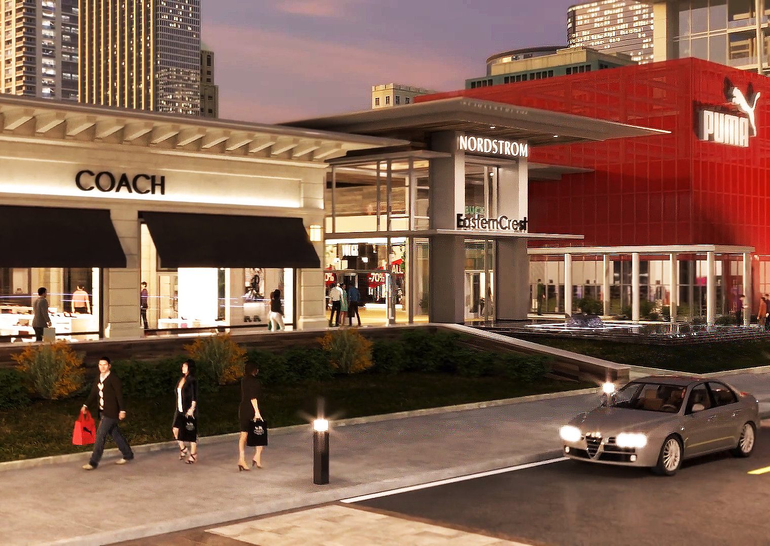 This is a 3D rendered image from Trinity's real estate renderings exhibiting the Summit Plaza Mall. This still shot displays a line of retail stores that will exist at the Summit Plaza Mall such as coach, Nordstrom, and Puma. #D rendered people and cars are featured in this image to replicate a realistic experience for viewers.
