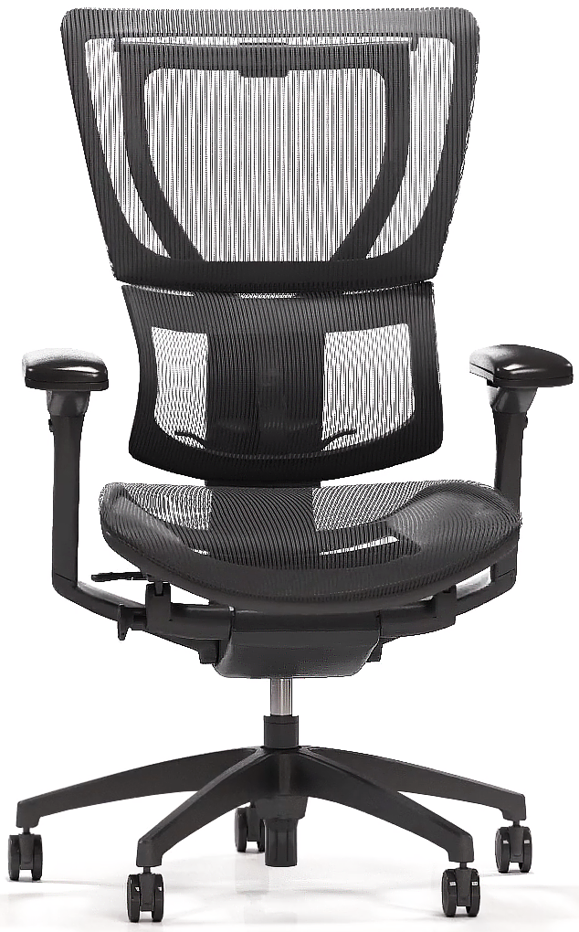 This is a 3D rendered image from Trinity's 3D product animation demonstrating the assembly and operation of the the iOO Office Chair. This particular image displays the 3D modeled office chair with hyper realistic textures. It is displayed on a whit background making it the main focus of the animation.