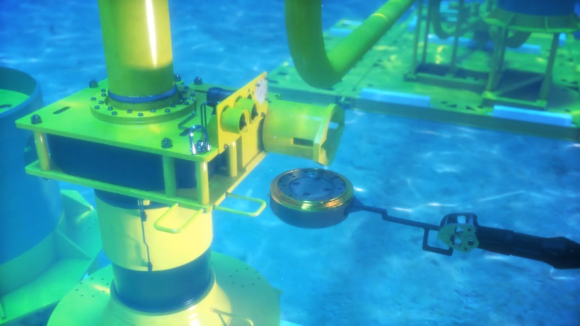 This is a 3D rendered image from Trinity's mechanical animation demonstrating the Oil States underwater pipeline system's multi-segmented clamp installation. This image displays the ROV removing the seal tool after the soft-land system is disengaged.