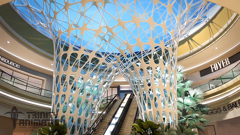 This is a still shot from one of Trinity's mall renderings. It displays the spider web-like sculpture that stretches from the floor to the ceiling of the mall.