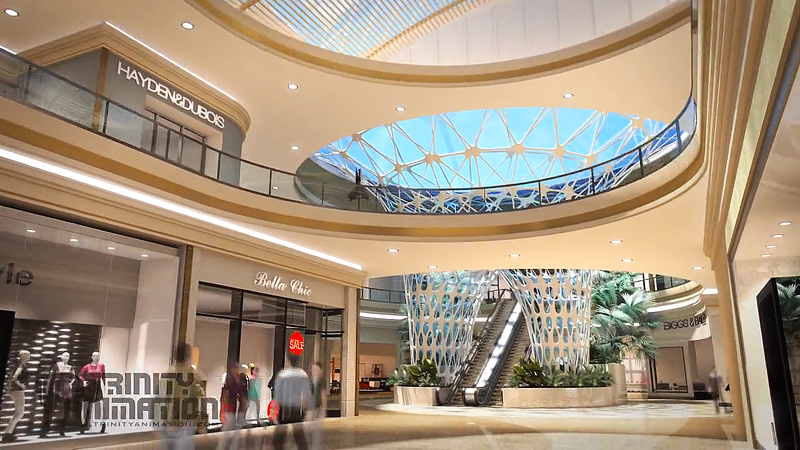 This is a still shot from one of Trinity's mall renderings. It displays the spider web-like sculpture that stretches from the floor to the ceiling of the mall.