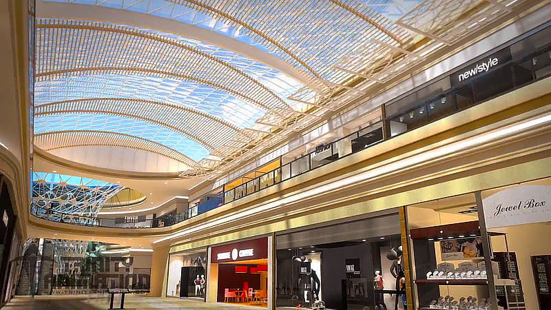 This is a still shot from one of Trinity's mall renderings looking upward toward the dynamic and complex ceiling architecture.