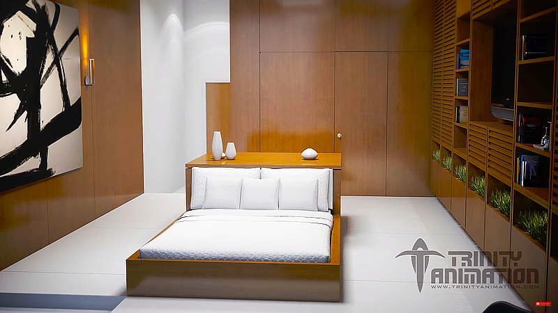 This still image from Trinity's photorealistic architectural rendering displays the Zentech Zee Luxury Resort interior bedroom completely rendered realistically inside of 3D software.