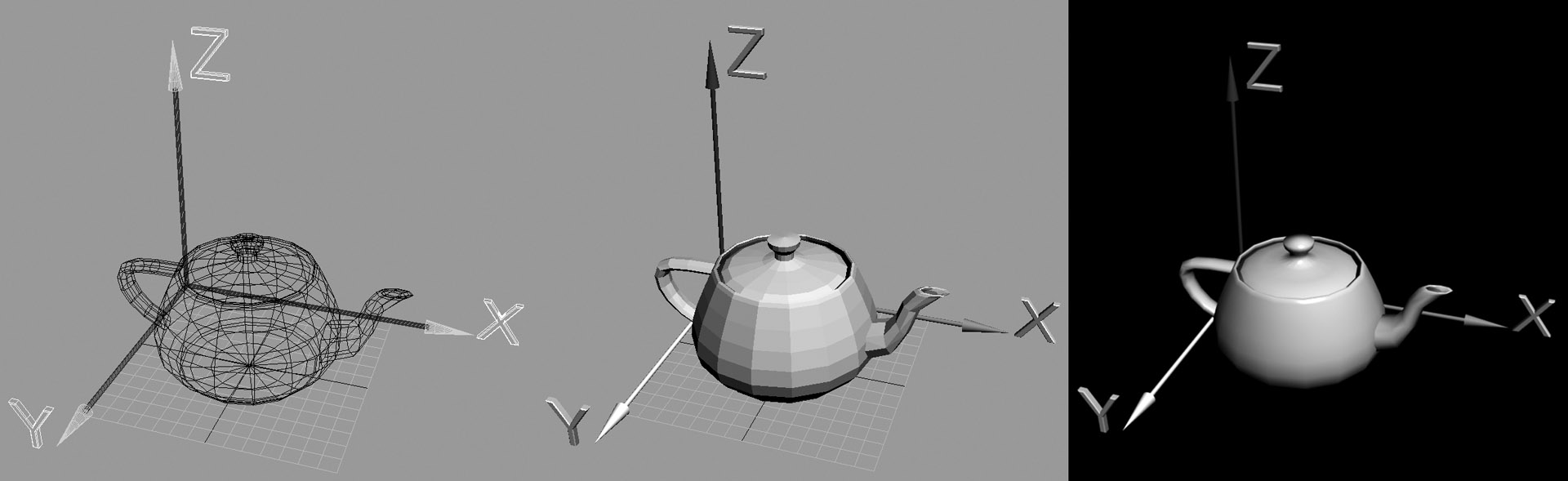 A teapot in three frames; wireframe, preview, and final render.