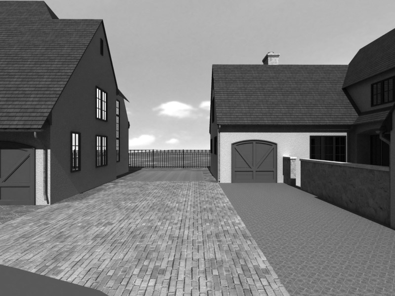 Sample forensic animation view of path between two houses overlooking horizon.