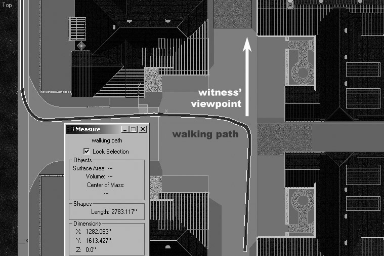 Sample forensic animation aerial rendered view outlining a path that a pedestrian took, as well as their viewpoint.