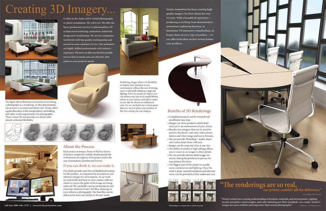 Interior pages for Trinity Animation 3d imagery and rendering services brochure.