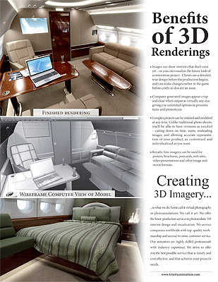 Page 2 of Trinity Animation's aircraft interiors brochure, showing wireframe and rendered versions of a private jet interior.