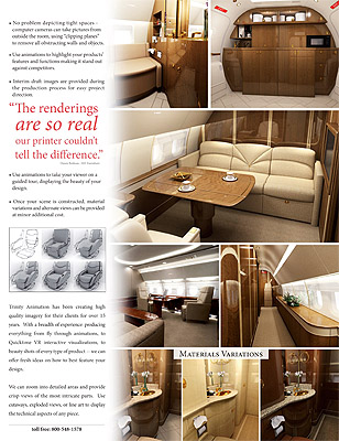 Aircraft interiors brochure page showing galley, lavatory, and hallway of a private jet.
