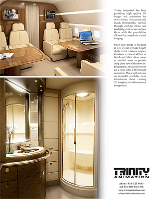 Page 4 of Trinity Animation's aircraft interiors brochure, with luxury VIP and lavatory renderings.