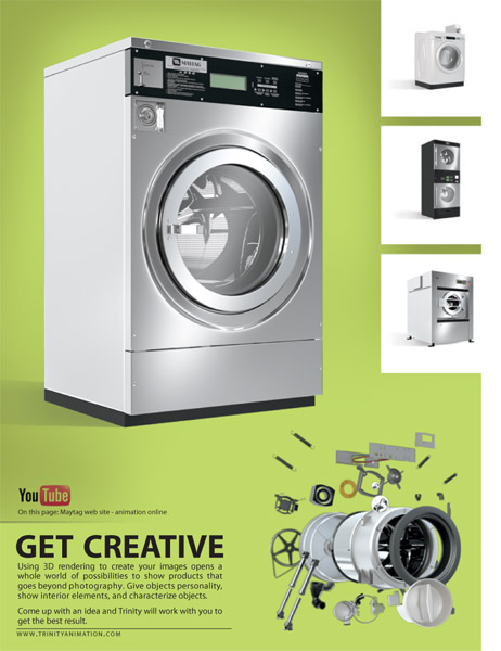 Creative Advertising Agency Animation page with shot from Maytag Commercial Washers animation.