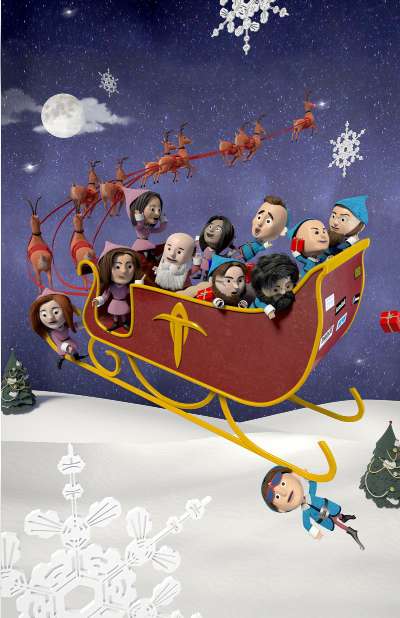 The Trinity gang on Santa's flying sleigh in the winter landscape.