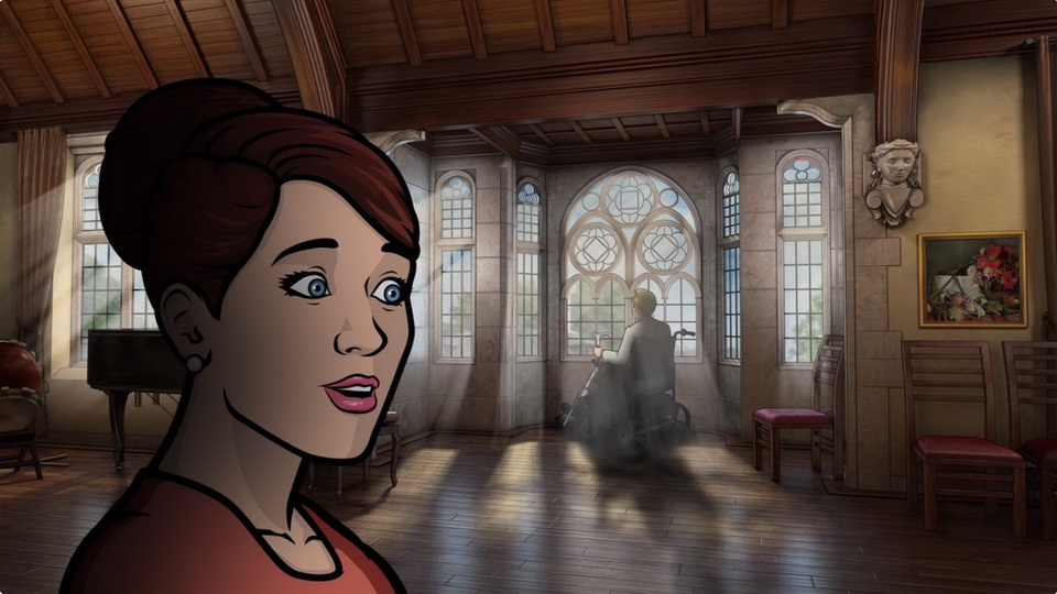 The moody music room animation environment created by Trinity Animation for Archer.