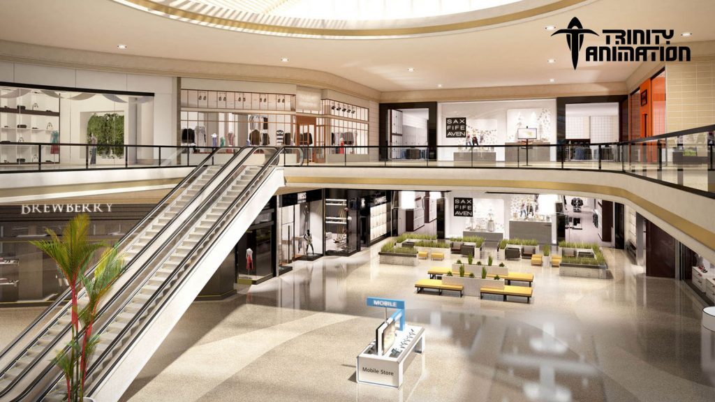 View of an anchor store in vr tour shopping center, featuring escalator.