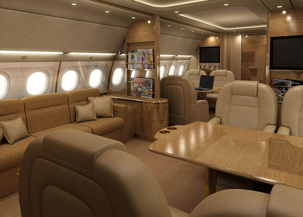 Aircraft interior rendering depicting bespoke seating and lounge area.