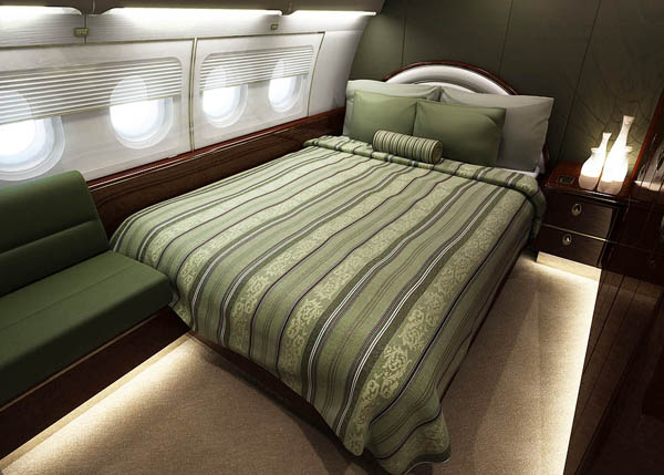Rendering of a luxury bedroom on a private jet.
