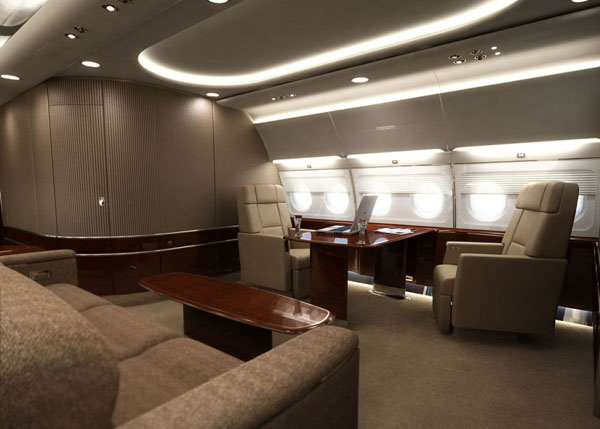 VIP area rendering of a private jet interior.