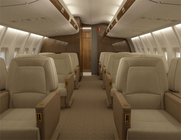 Aircraft rendering of the main seating area with overhead storage.