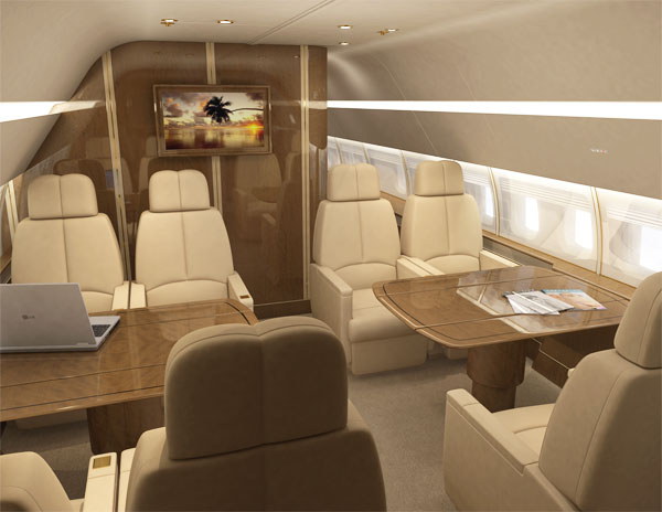 Rendered seating area of a luxury aircraft.