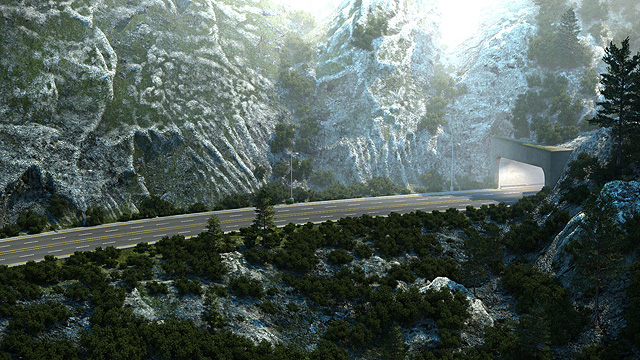 Car commercial tunnel exit and mountainous environment design.