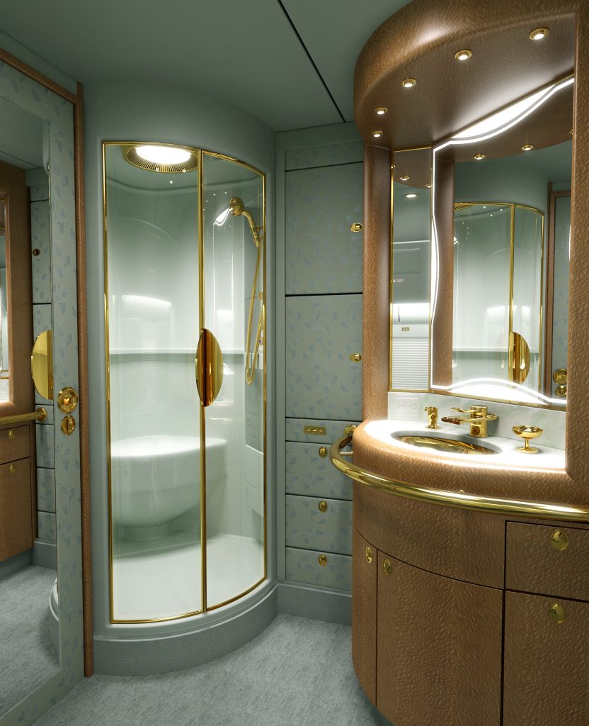 Rendering of a luxury bathroom area in a private jet.