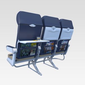 Aircraft interior rendering of gang of 3 seats with tray tables.