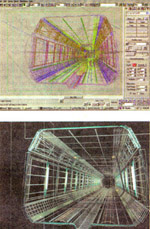 newspaper scans of 3ds max 1 interface with tunnel scene for Starship Troopers loaded.