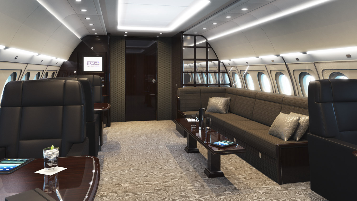 Aircraft interior rendering of the front lounge area