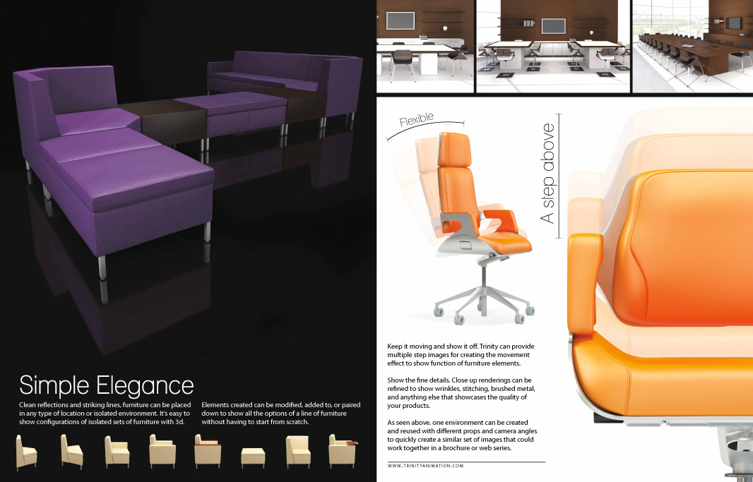 Furniture visualization brochure pages showing marketing imagery for commercial furniture designs.