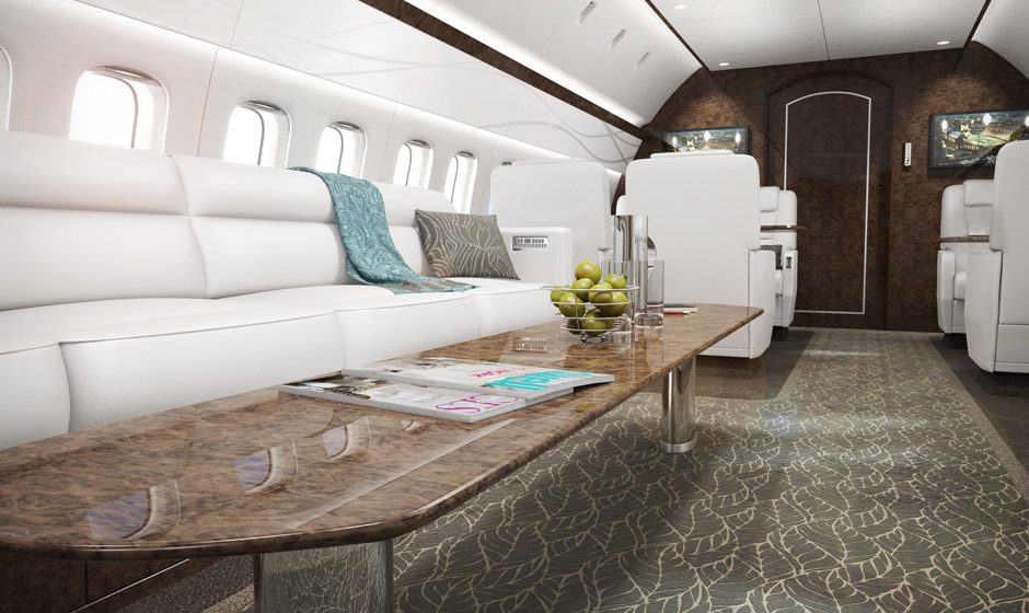 Bespoke sofa and luxurious appointments in this forward view of a jet interior.