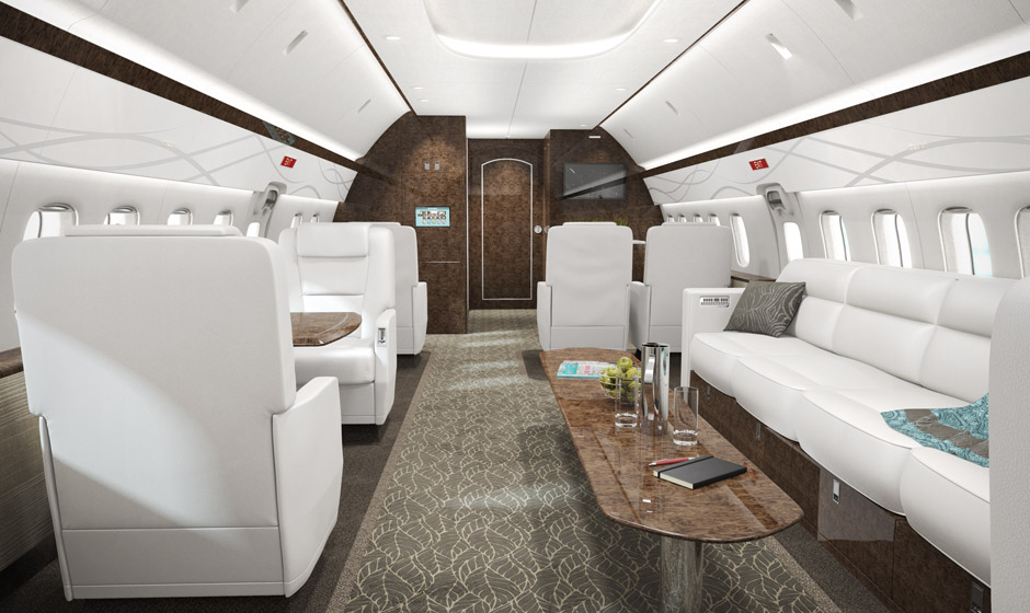 Jet interior view looking forward through VIP seating.