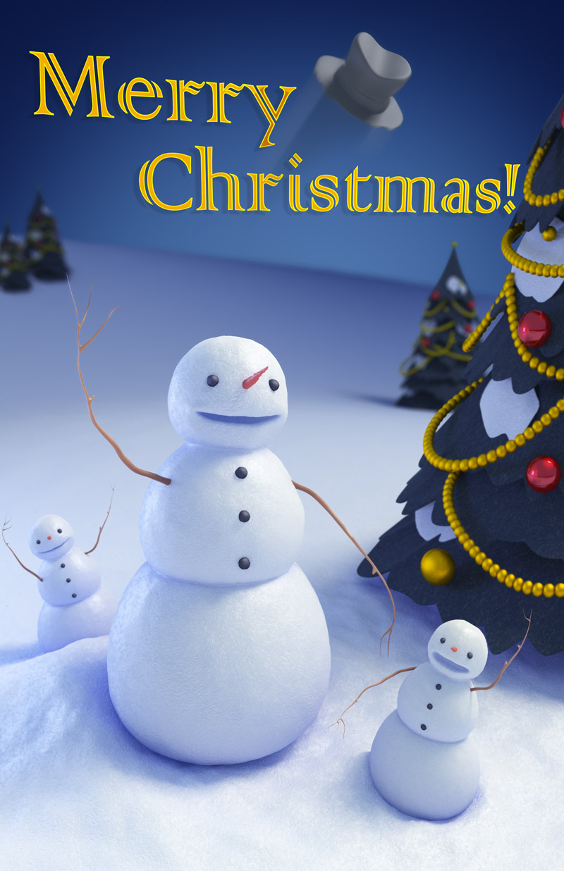 Three snowmen 3D character renderings adorn the cover of the Trinity Animation 2014 Christmas card design.