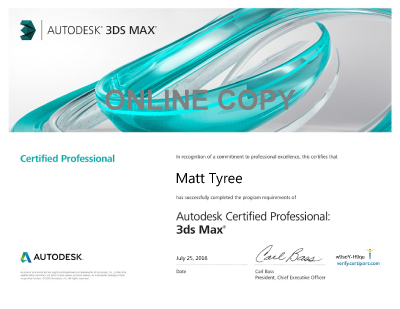 Matt Tyree's certificate from Autodesk for Certified Professional Animators.